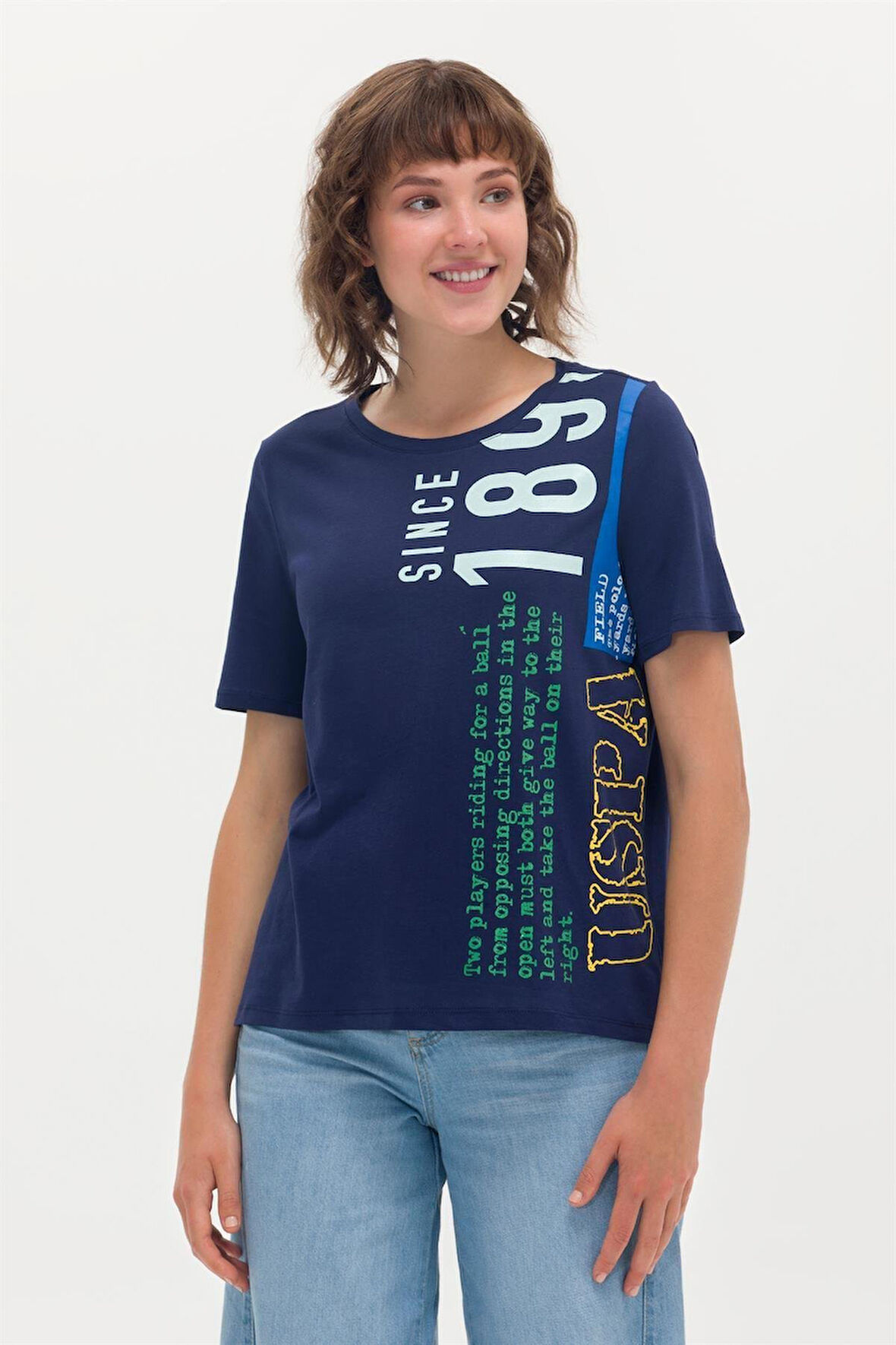 Kadın Bisiklet Yaka T-Shirt - Lacivert | M