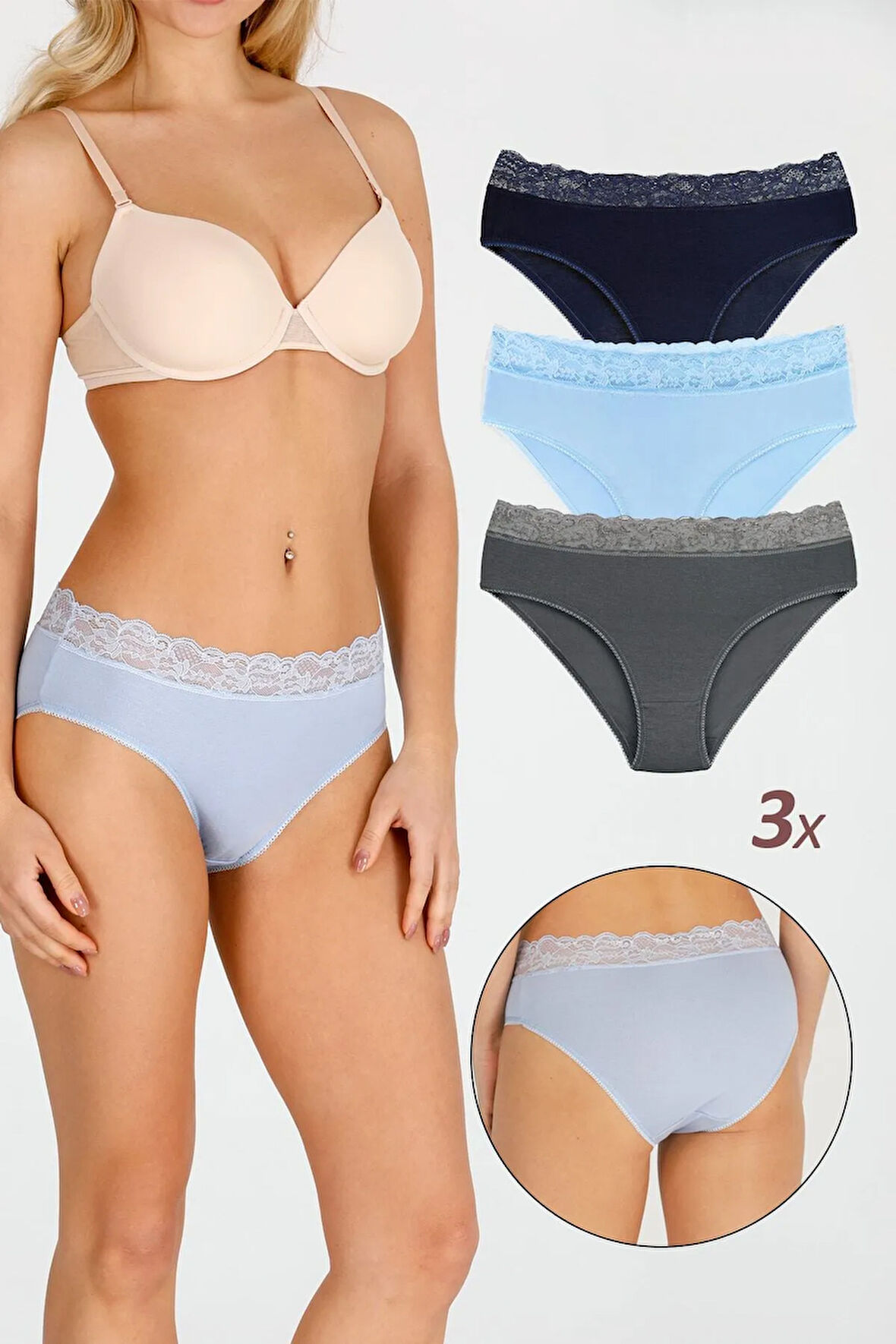 Kadın Bambu Kumaş Beli Dantelli Slip Külot 3'lü Paket Set Kts1094