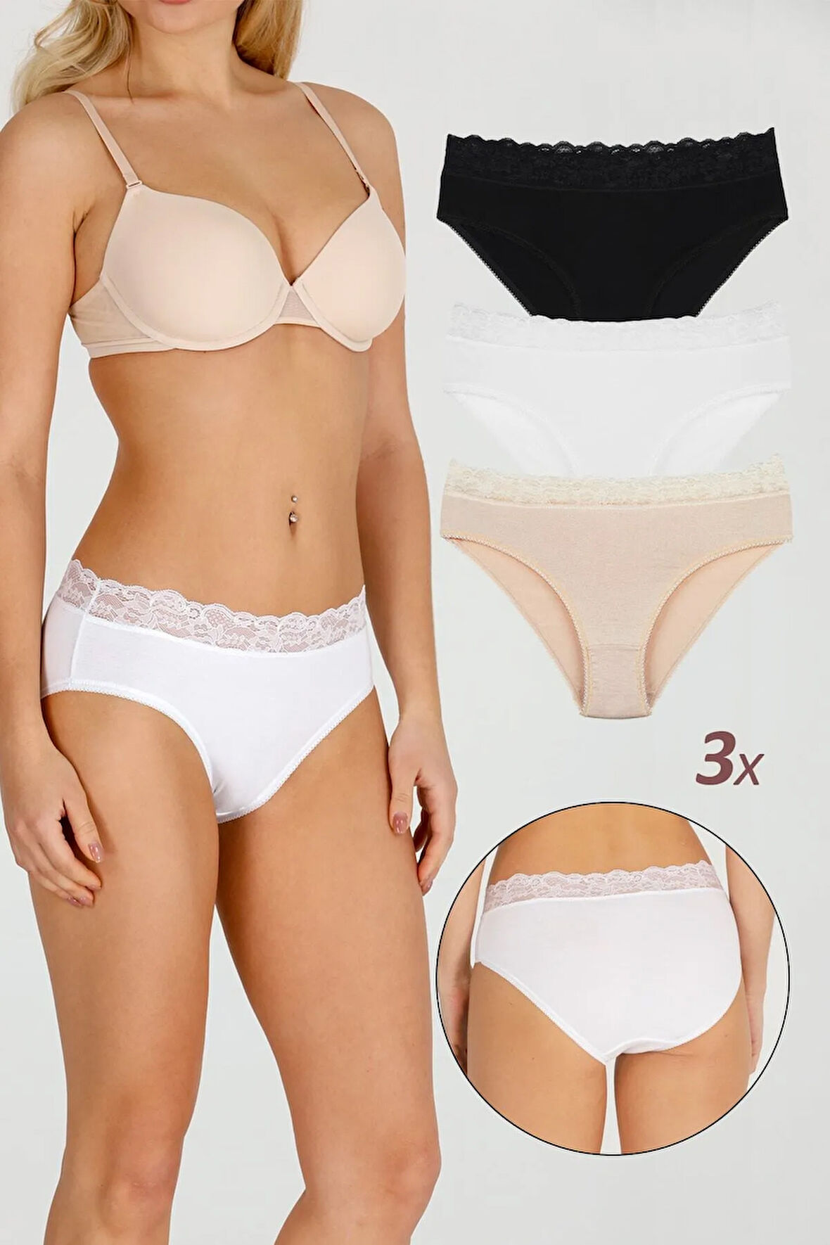 Kadın Bambu Kumaş Beli Dantelli Slip Külot 3'lü Paket Set Kts1095