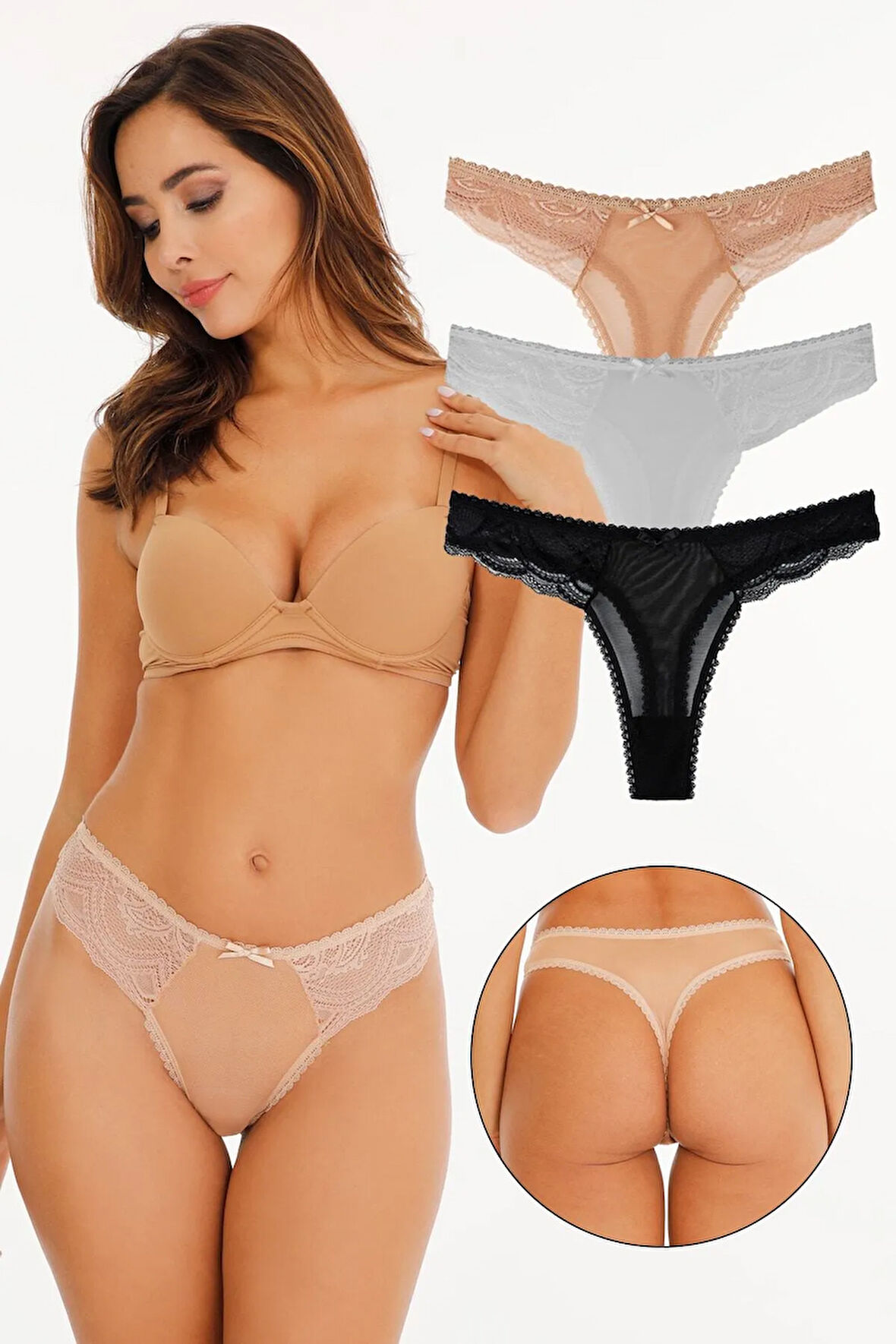 Kadın Dantelli Ve Fiyonklu 3'lü Külot Set - Kts2056 (GENİŞ KALIP)