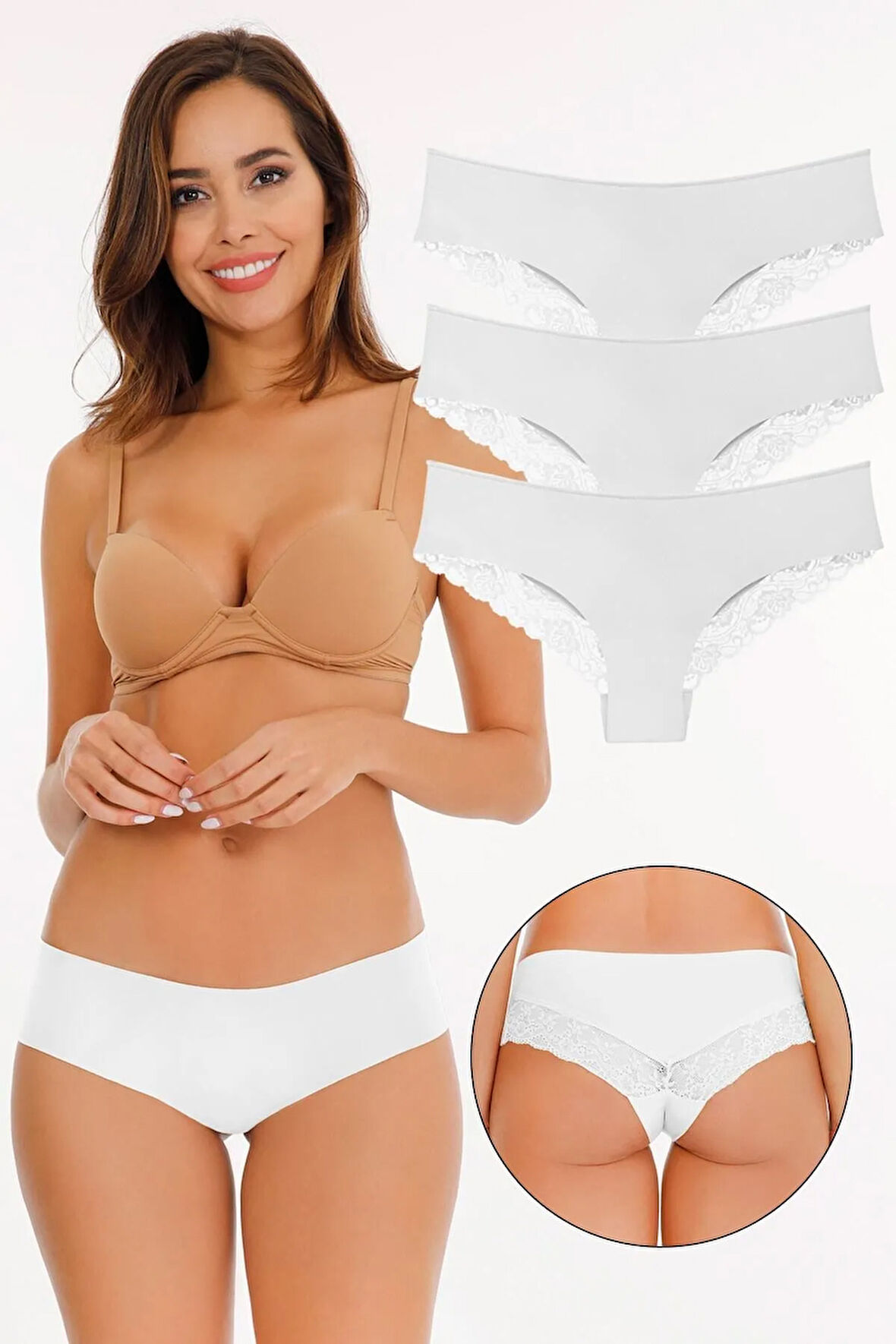 Kadın Lazer Kesim Dantelli Külot 3'lü Paket Set Beyaz - Kts2112