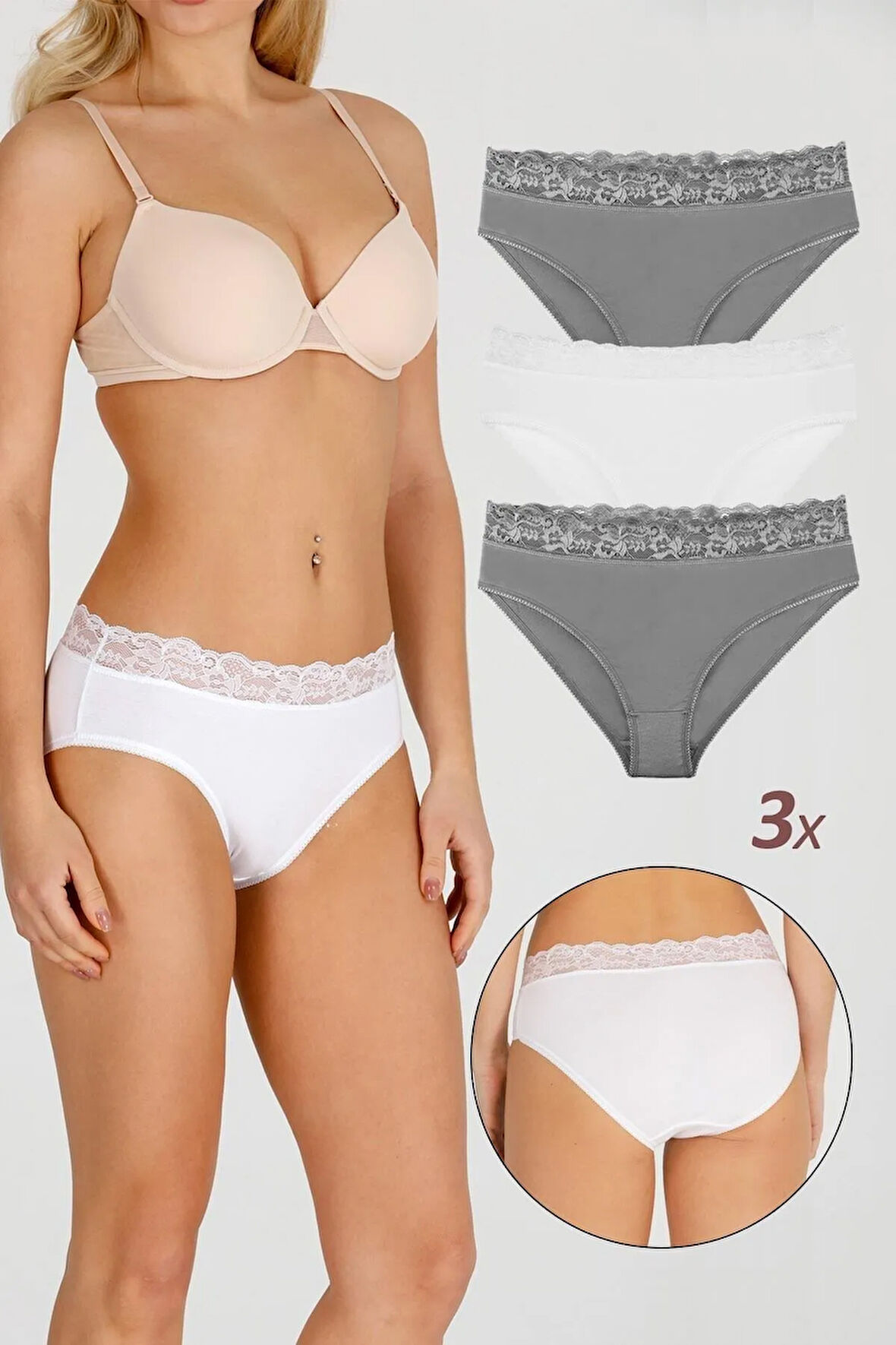 Kadın Özel Kumaş Bambu Beli Dantelli 3'lü Külot Set