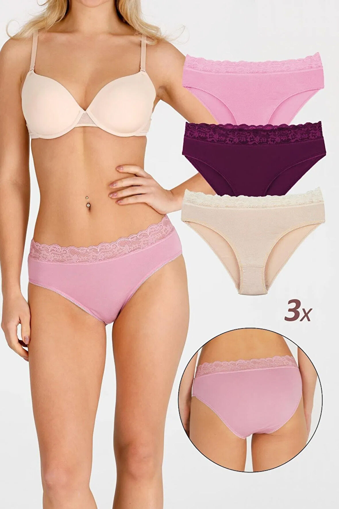 Kadın Özel Kumaş Bambu Beli Dantelli 3'lü Külot Set