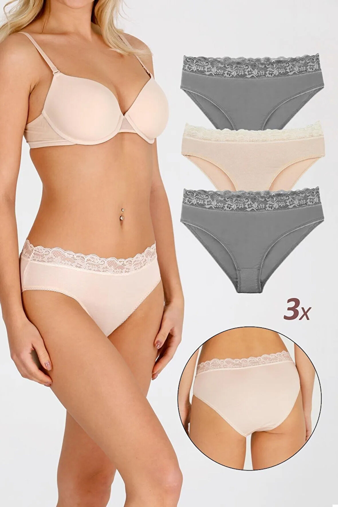 Kadın Özel Kumaş Bambu Beli Dantelli 3'lü Külot Set