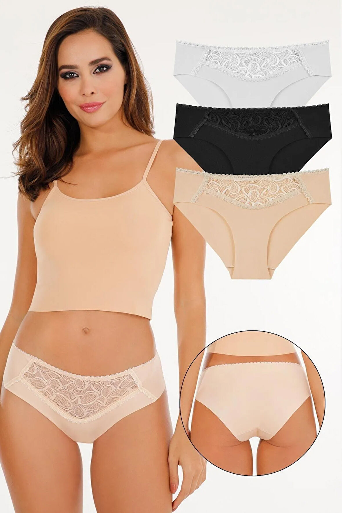 Kadın Lazer Kesim Dantel Detaylı Slip Külot 3'lü Paket Set - Kts3100