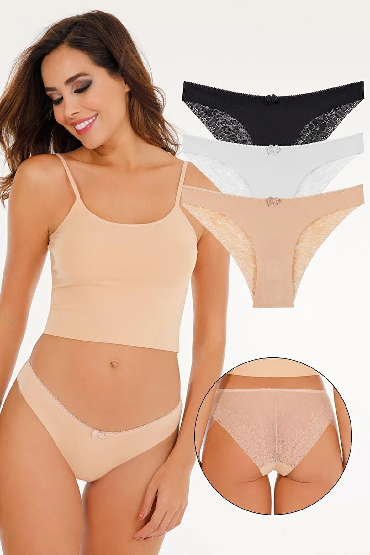 Kadın Lazer Kesim Brazilian Model Dantel Detaylı 3'lü Külot Set - Kts3106