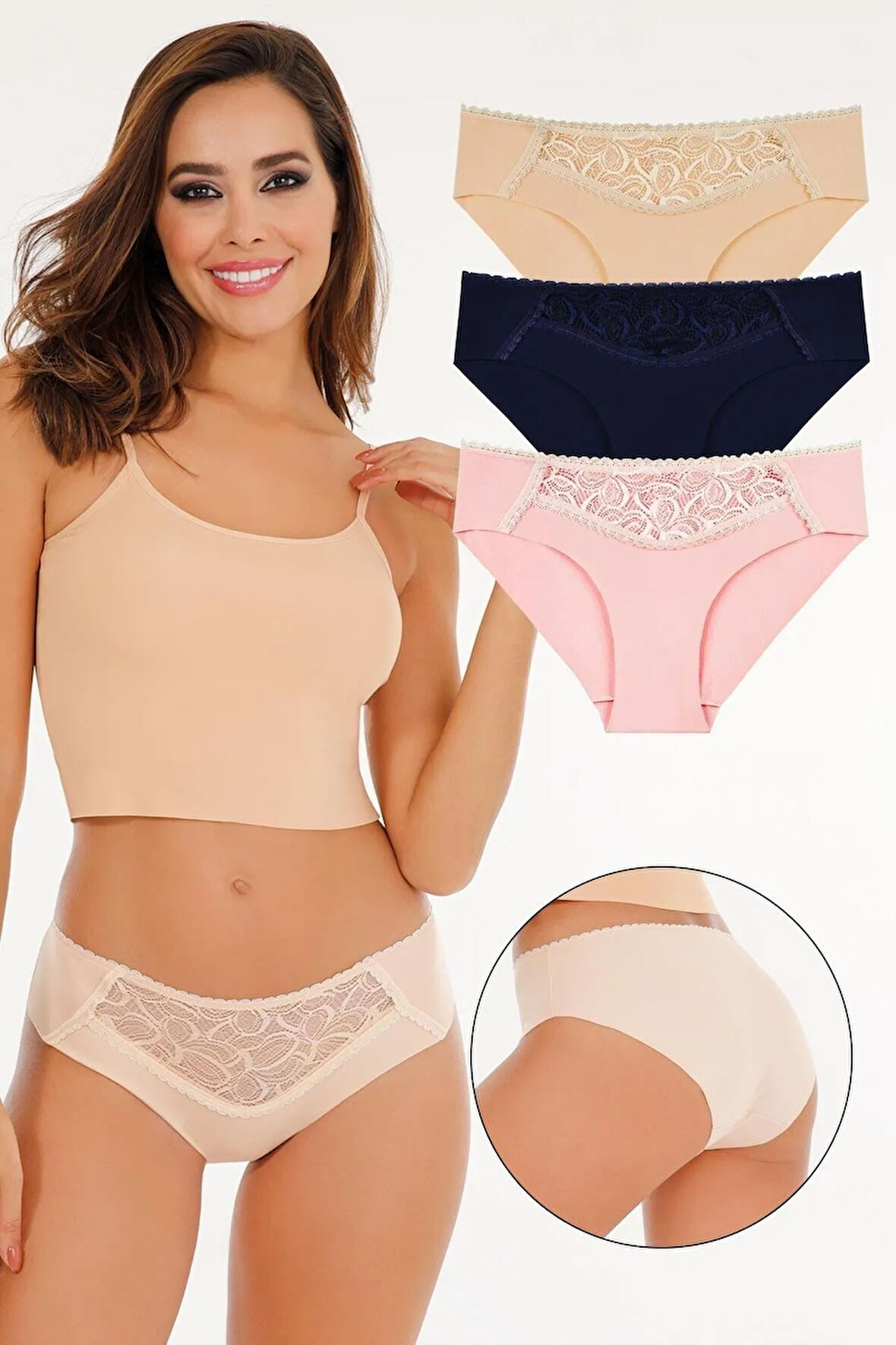 Kadın Lazer Kesim Dantel Detaylı Slip Külot 3'lü Paket Set - Kts3100