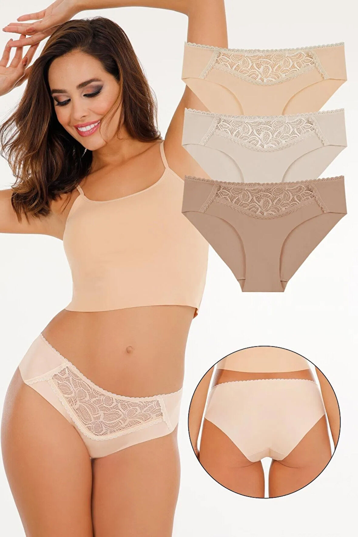 Kadın Lazer Kesim Dantel Detaylı Slip Külot 3'lü Paket Set - Kts3100