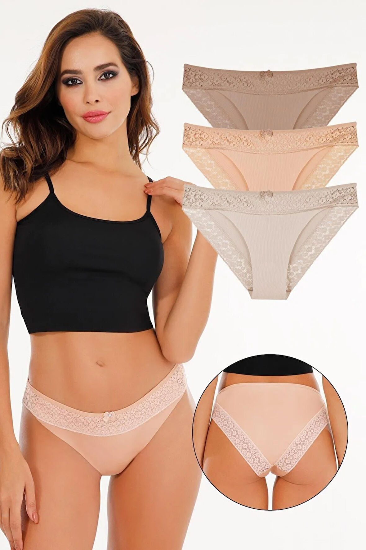 Kadın Lazer Kesim Dantelli Slip Külot 3'lü Paket Set - Kts3101
