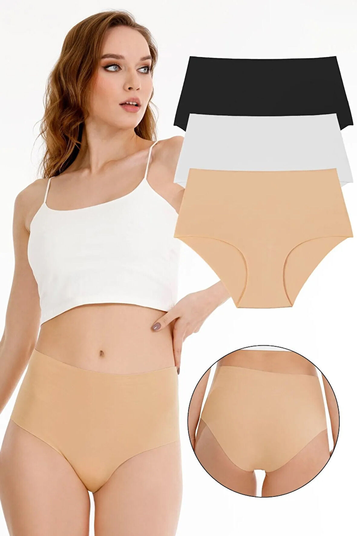 Kadın Pamuklu Lazer Kesim Dikişsiz Yüksek Bel 3'lü Külot Set Kts2019