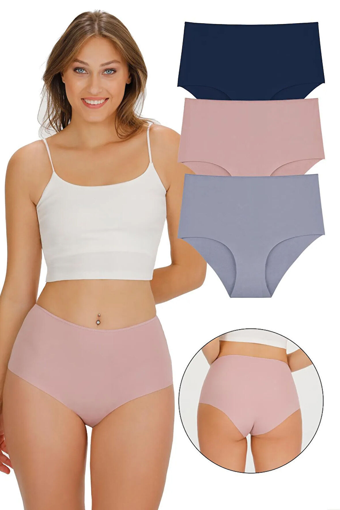 Kadın Yüksek Bel Dikişsiz Lazer Kesim Külot (BELİ LASTİKLİ) 3'lü Set