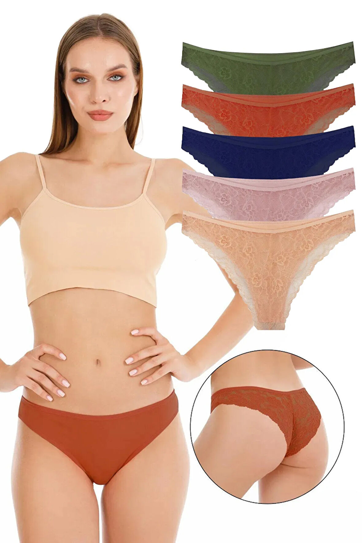 Kadın Brazilian Arkası Dantelli Külot 5'li Paket Seti