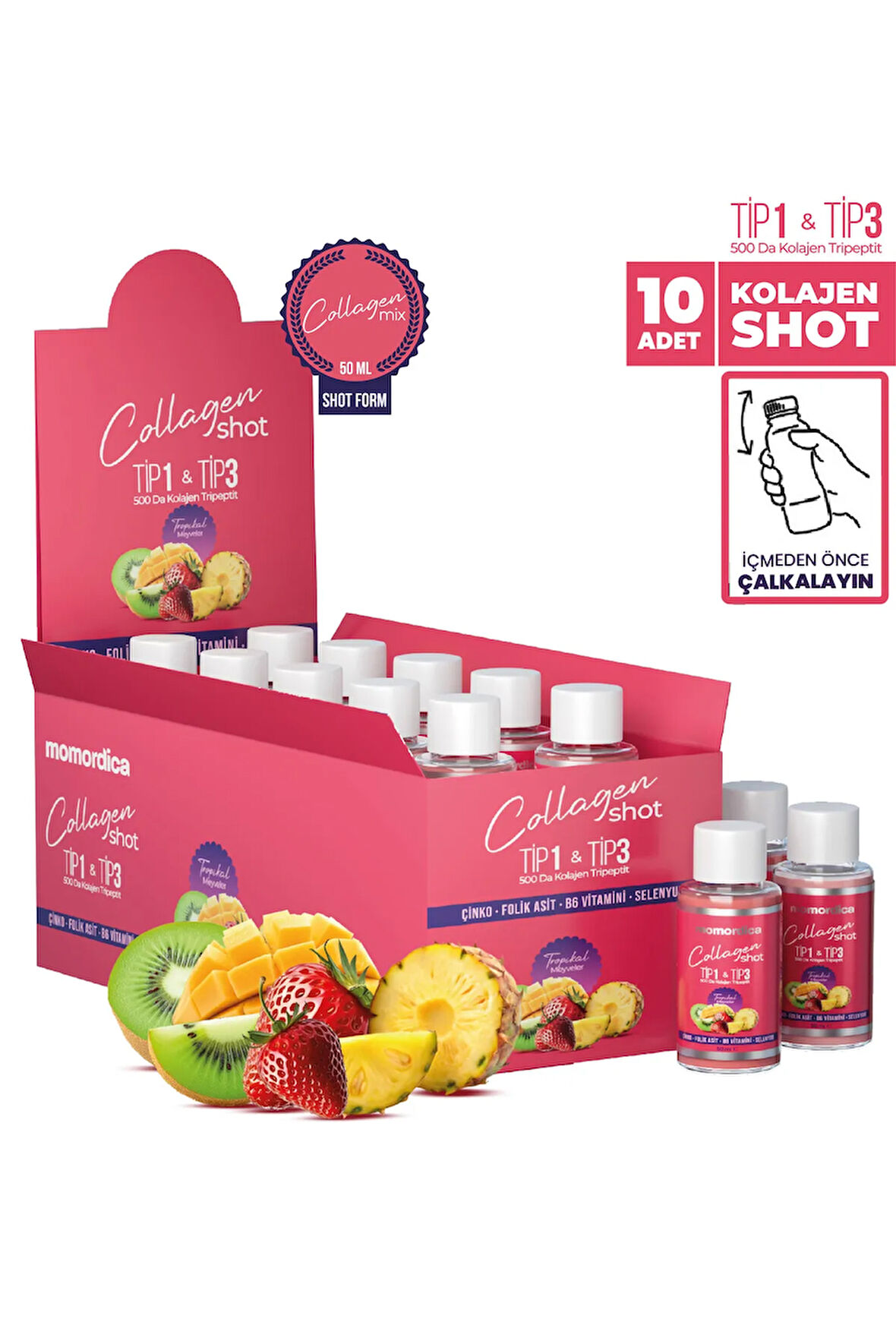 Kolajen Shot (Tripeptit 500 Da Tip 1 & Tip 3, Selenyum, Çinko, Folik Asit, B6 Vitamini) - 10 Adet