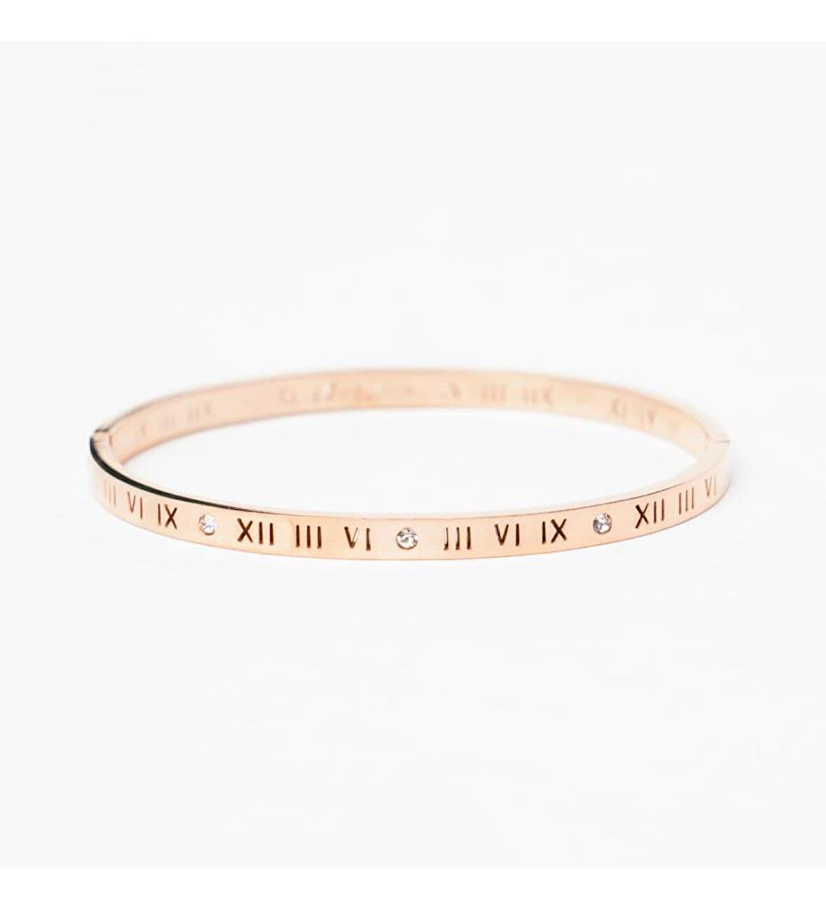 Roma Rakam Ince Taşlı Rose Çelik Bileklik