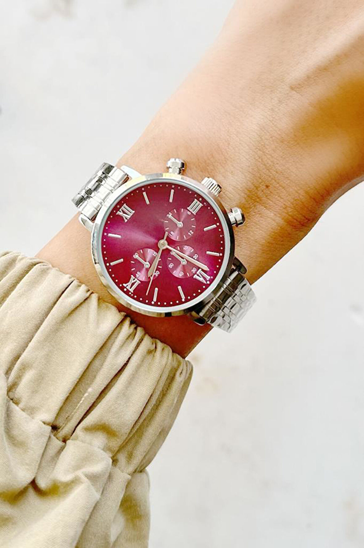 Massa Gri Kordon Bordo Kadran Kadın Kol Saati