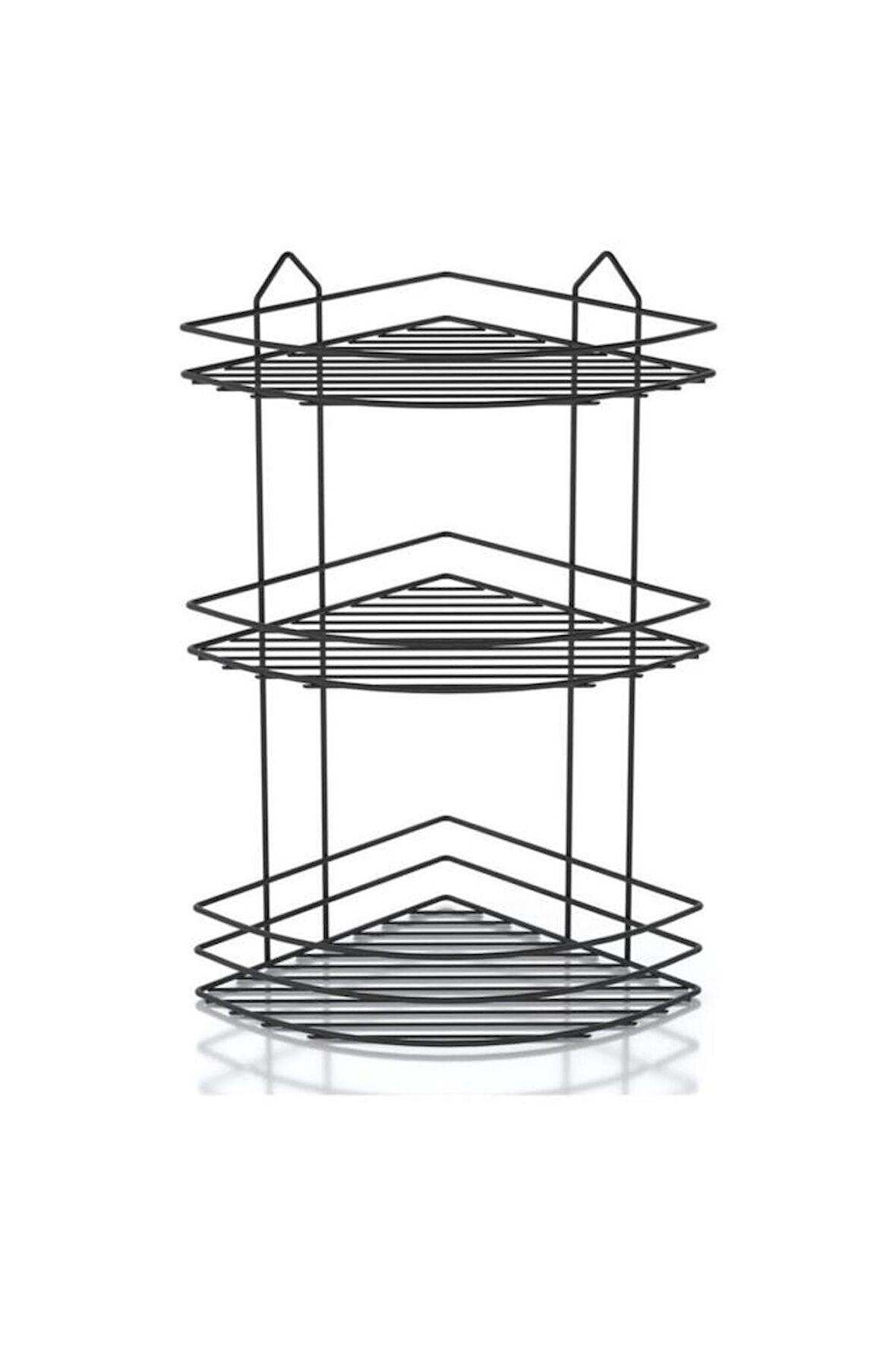 Siyah Paslanmaz 3 Katlı Köşe Banyo Şampuanlık Süngerlik Duş Rafı EK03