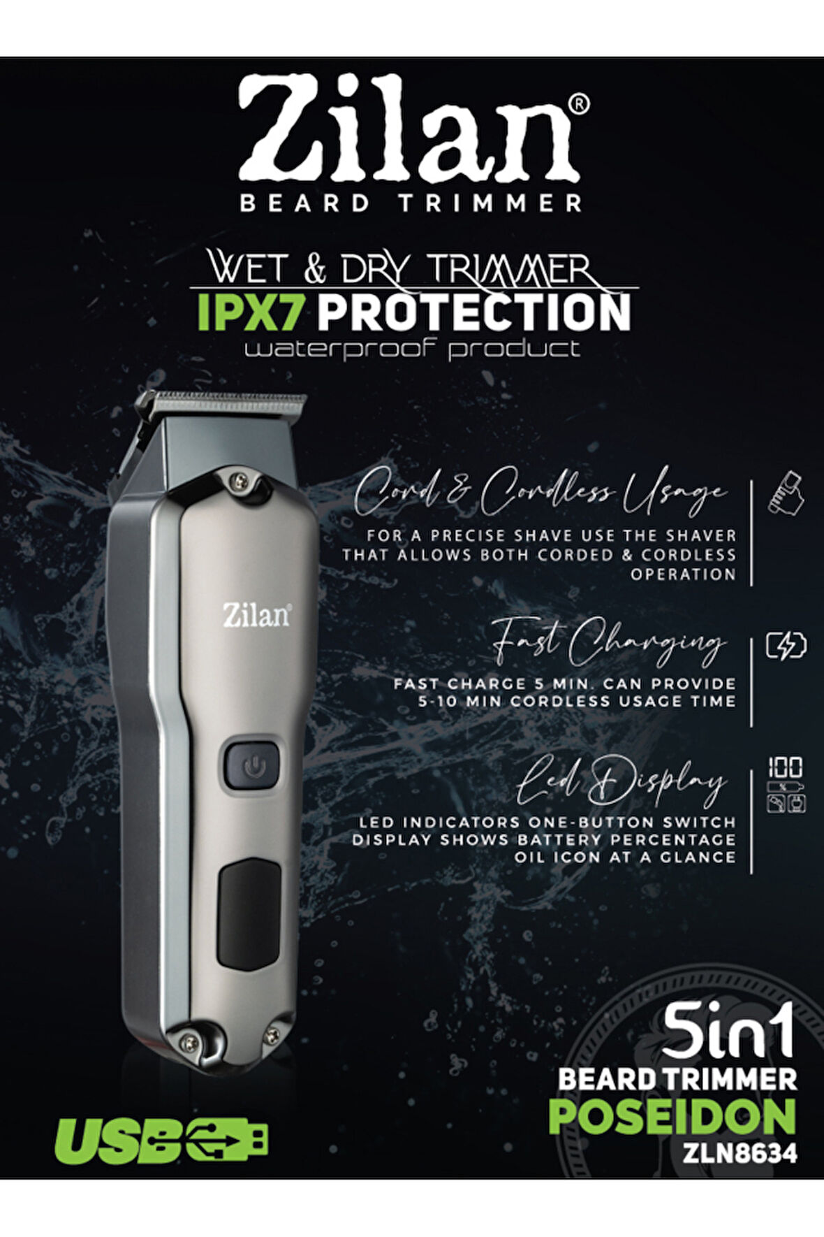 ZLN8634 5’İ 1 ARADA SAKAL TIRAŞ MAKİNESİ POSEIDON