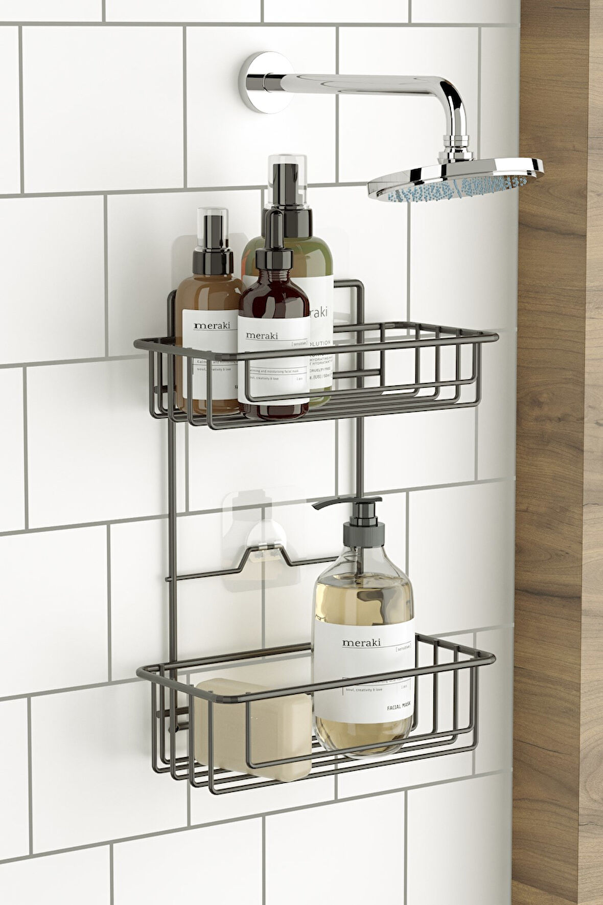 TEKNOTEL BANYO DÜZENLEYİCİ ŞAMPUANLIK 2 KATLI YAPIŞKANLI BANYO DUŞ RAFI MAT SİYAH ST256
