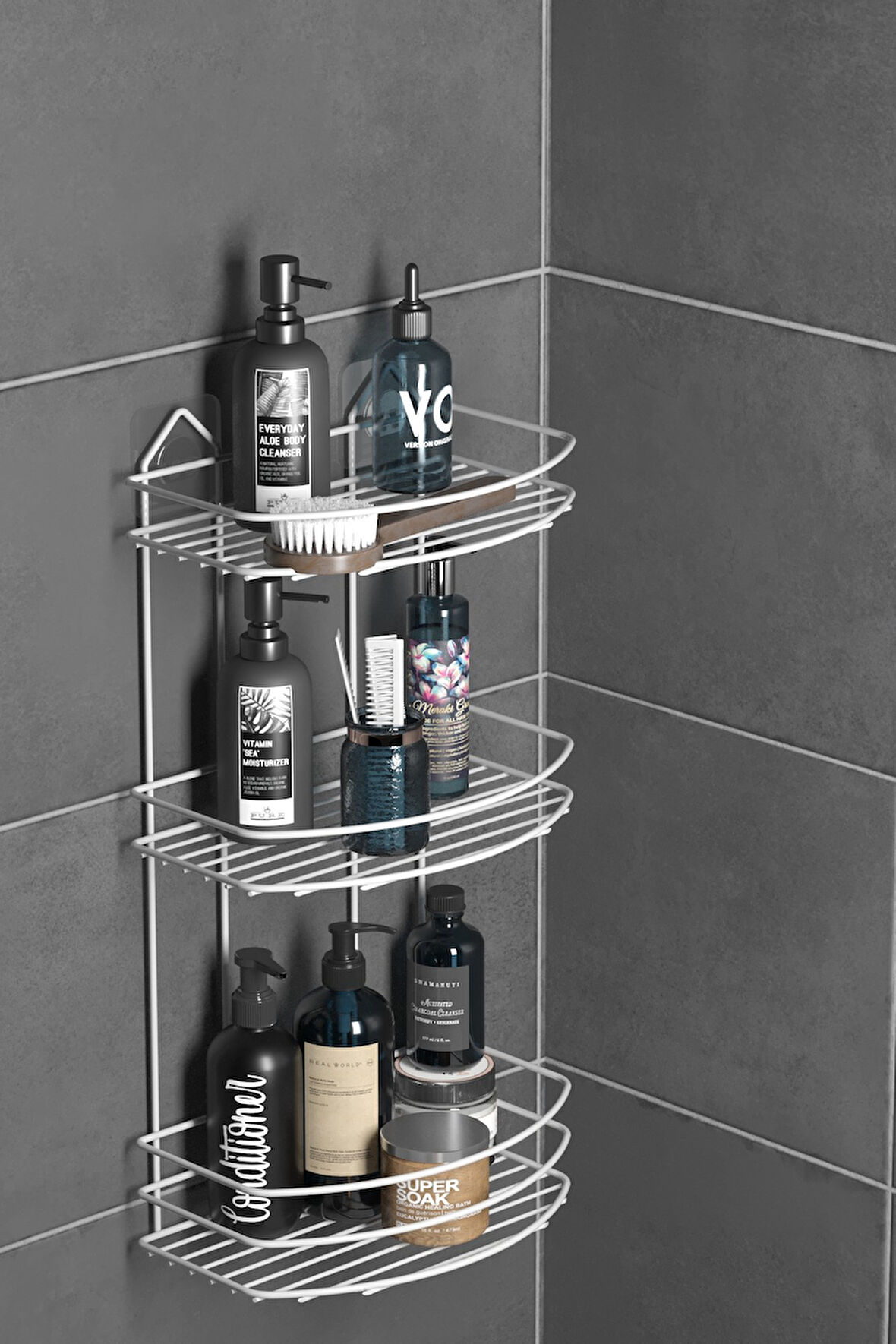 TEKNOTEL BANYO DÜZENLEYİCİ ŞAMPUANLIK SABUNLUK 2 KATLI YAPIŞKANLI BANYO DUŞ RAFI BEYAZ ST009