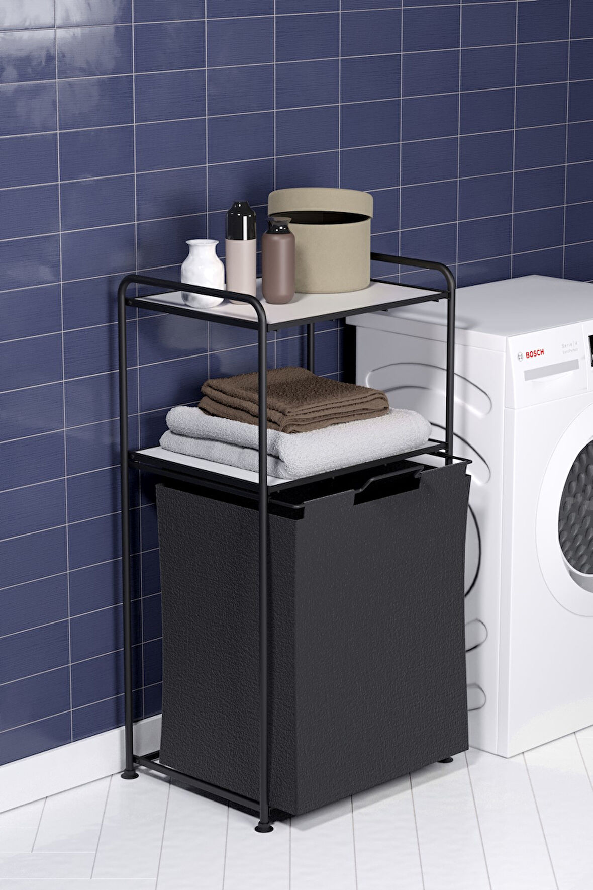 2 Katlı Çamaşır Sepeti Kirli Sepeti Beyaz Raflı Banyo Dolabı Banyo Düzenleyici Organizer MAT SİYAH M