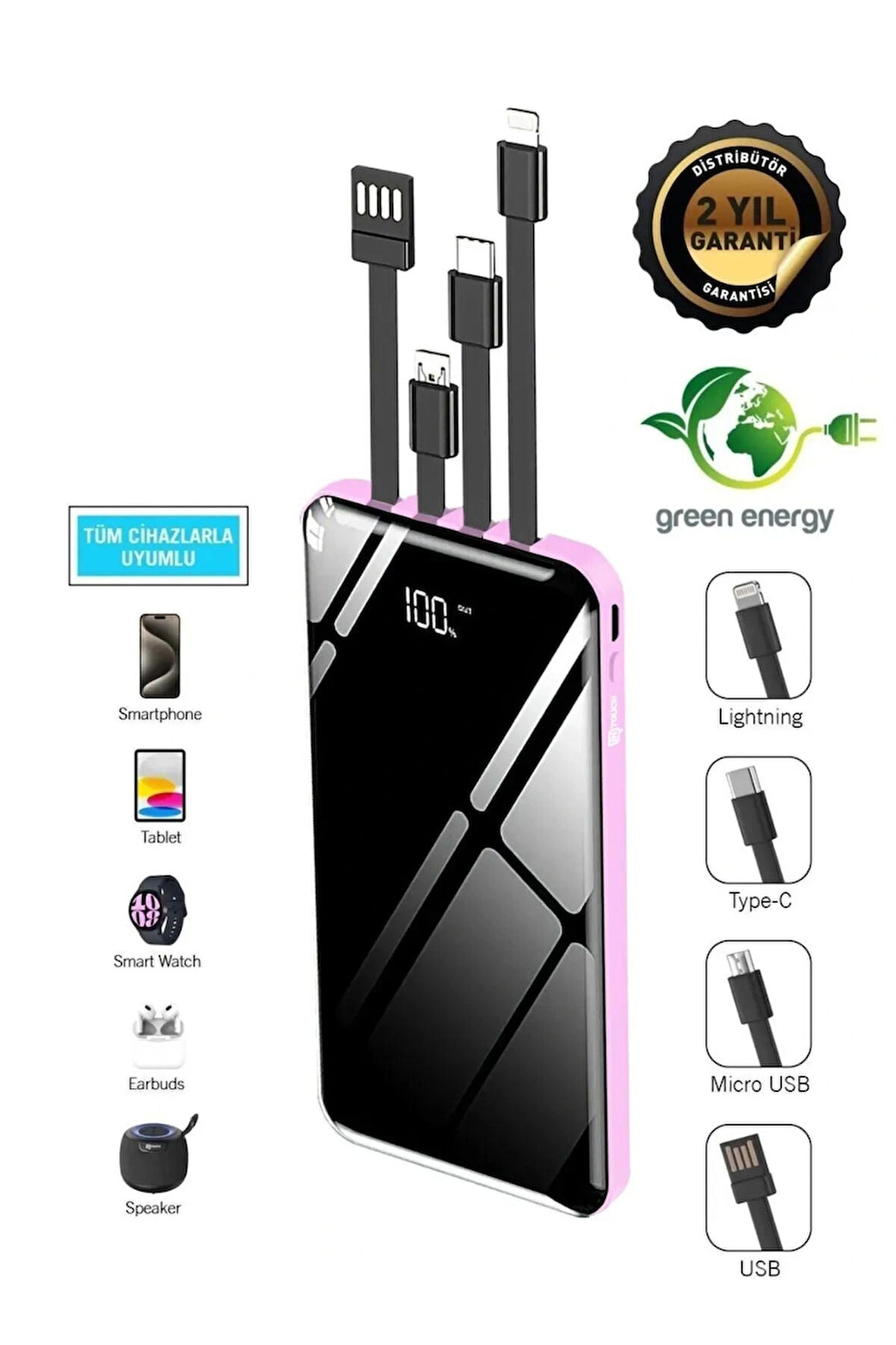 10.000 Mah Prime Dijital Göstergeli Dahili Çoklu Kablolu Powerbank Pembe