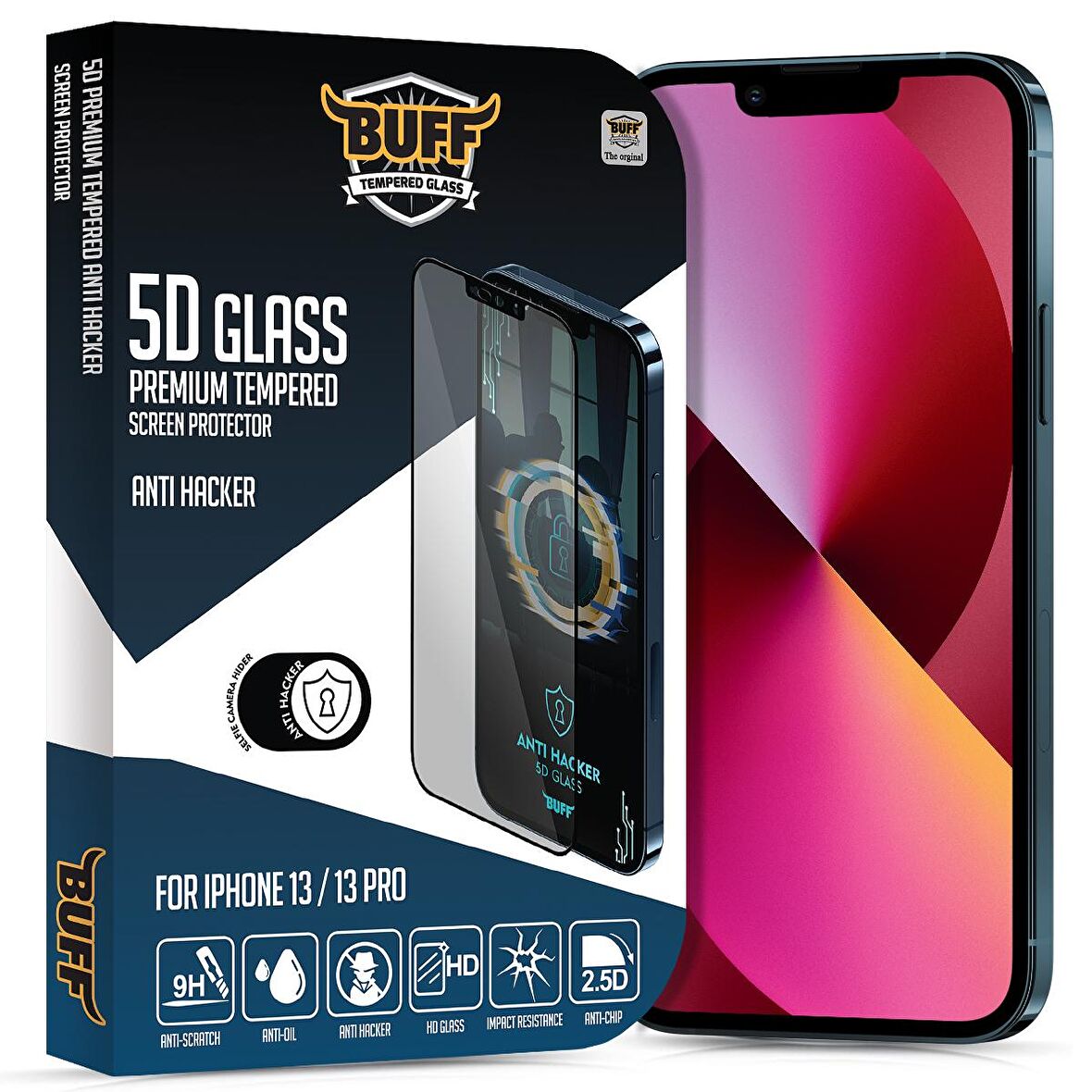 Buff iPhone 13/13 Pro 5D Glass Anti Hacker Ekran Koruyucu