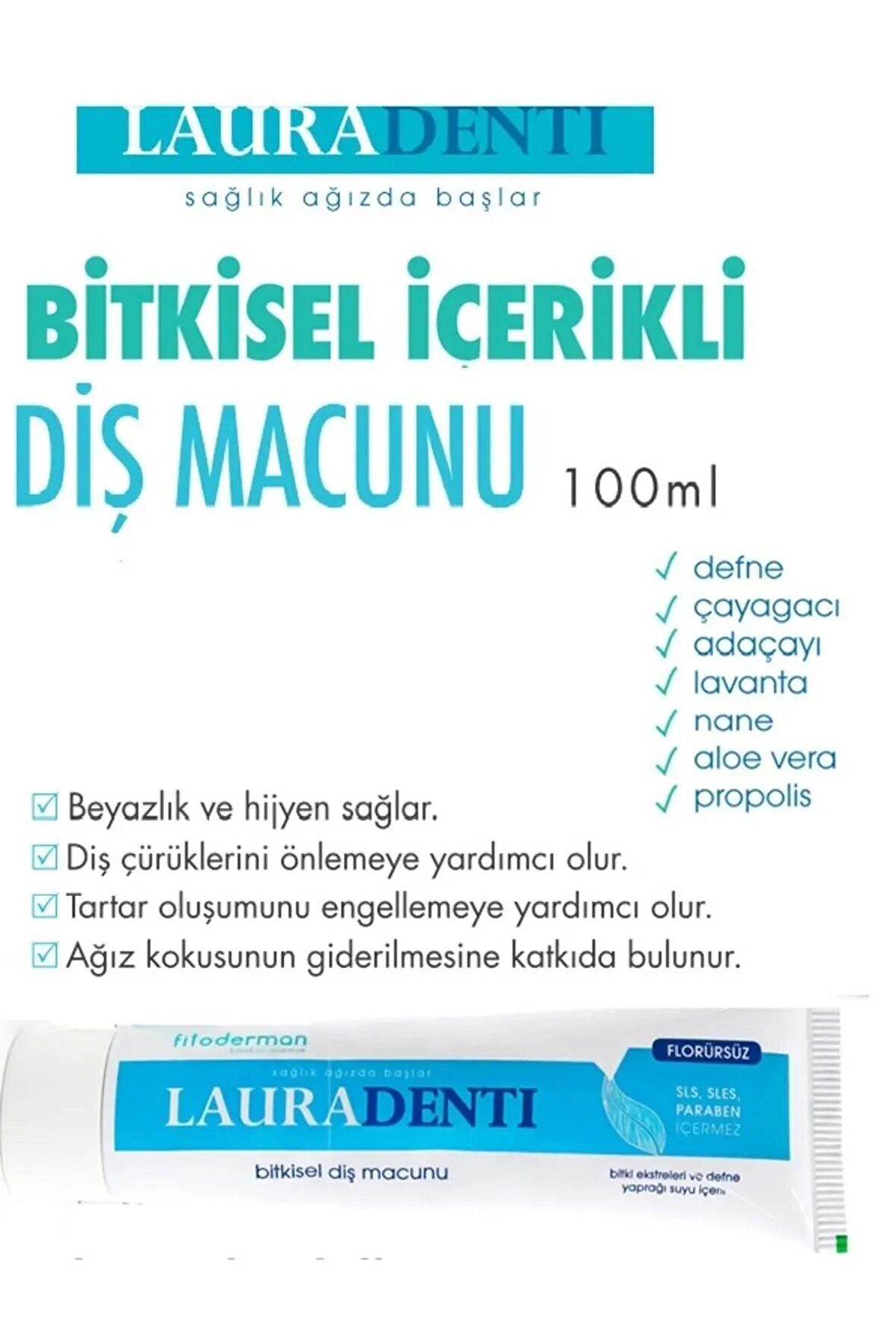 Fitoderman Lauradenti Koku Tartar Leke Hassasiyet Önleyici, Beyazlatıcı Florürsüz Bitkisel Diş Macunu 100 ml