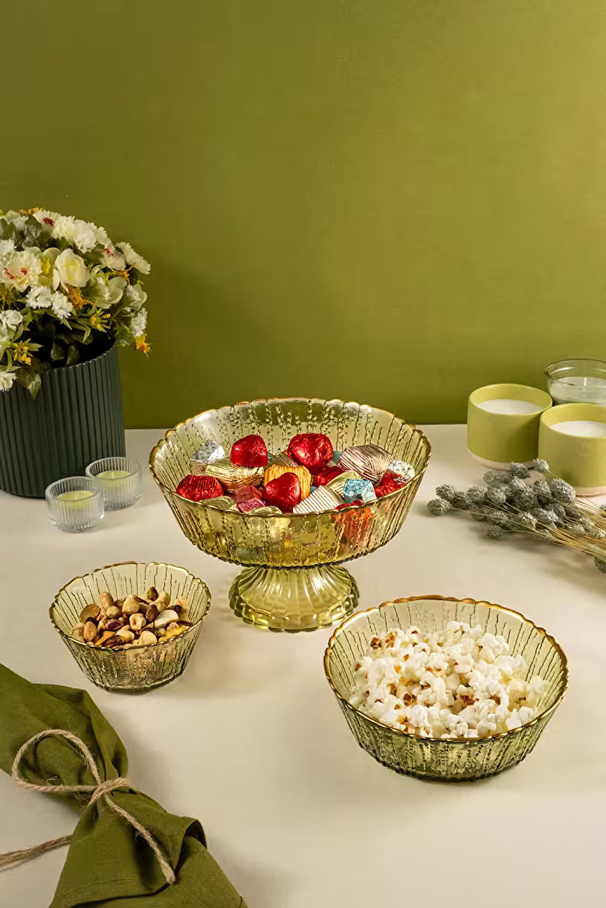 Fecra Rita 3'lü Cam Kase Seti Yeşil Altın Fileli
