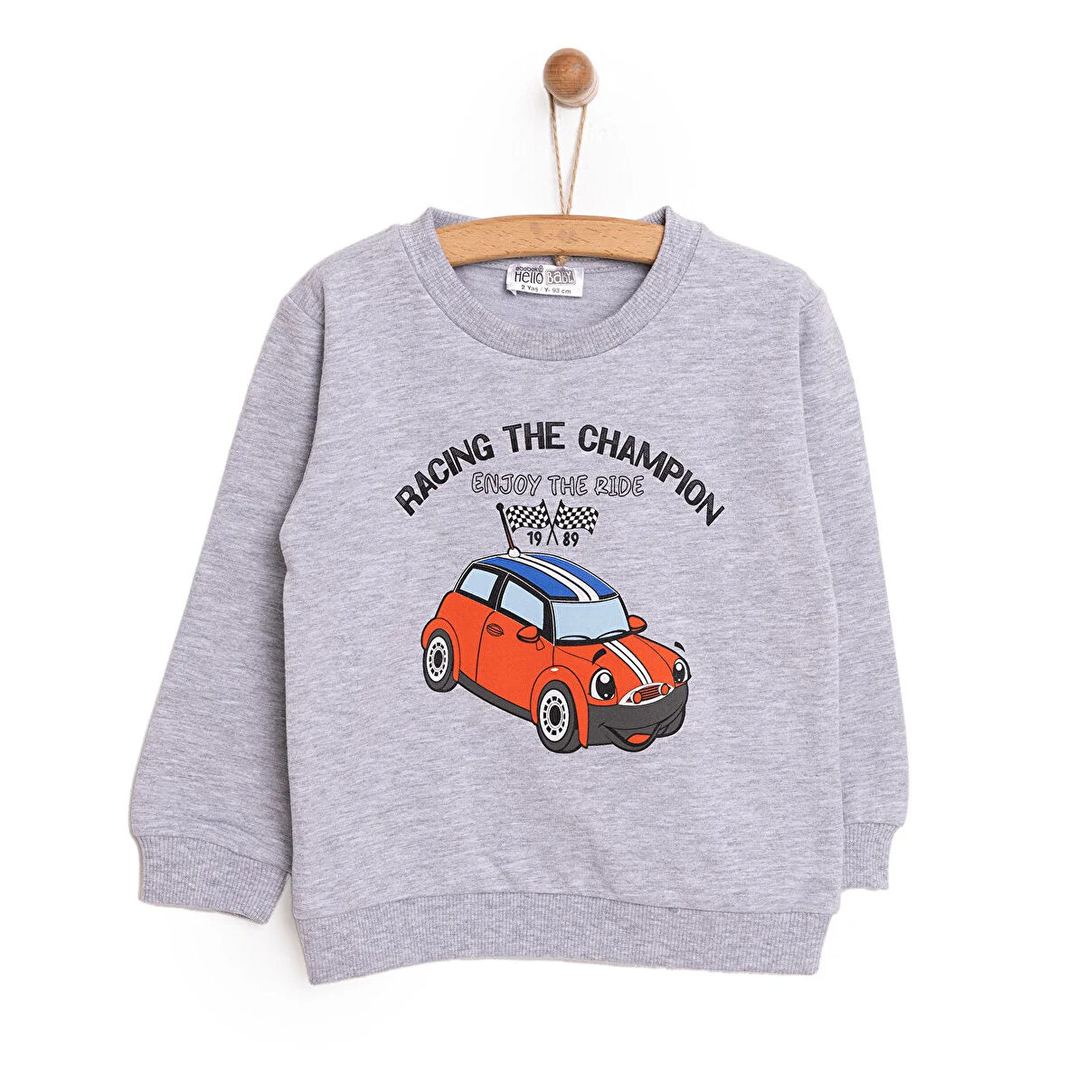 HelloBaby Erkek Bebek Basic Sweatshirt Araba Desenli Bisiklet Yaka Uzun Kol Gri Melanj
