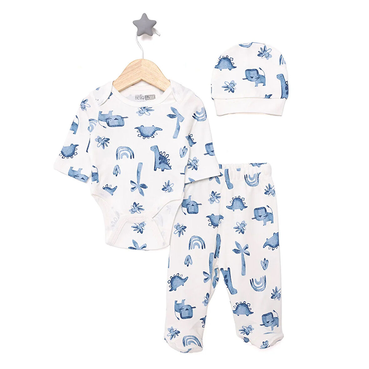 HelloBaby Dinazor Baskılı Yenidoğan Erkek Body-Patikli Alt-Şapka Erkek Bebek