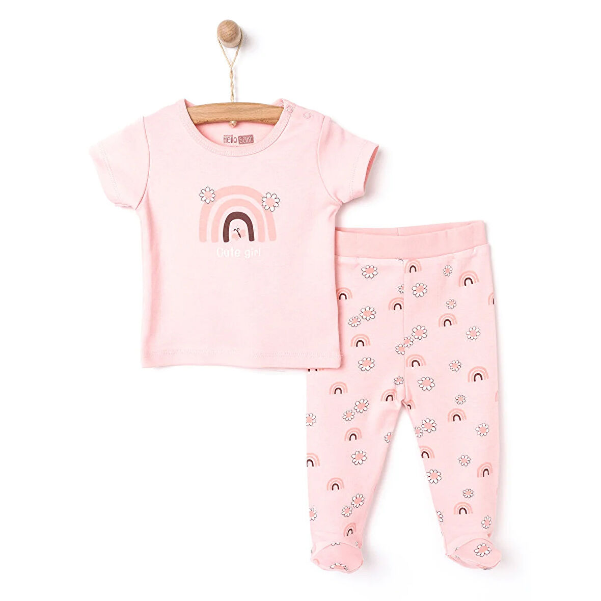 HelloBaby Gökkuşağı-Çiçek Baskılı Kız Tshirt-Patikli Alt Kız Bebek