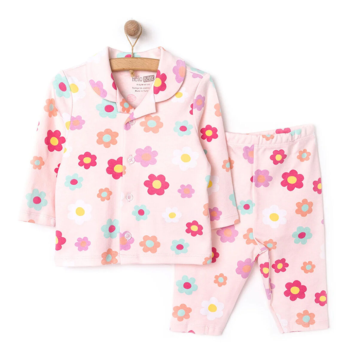 HelloBaby Gömlek Yaka Çiçek Desenli Kız Bebek Pijama Takımı