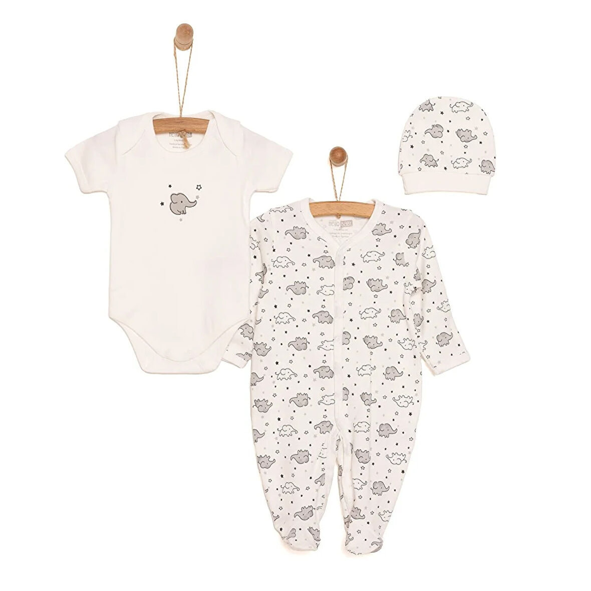 HelloBaby Yenidoğan Bebek Sevimli Fil Kendinden Eldivenli Tulum-Body-Şapka 3lü Set Unisex