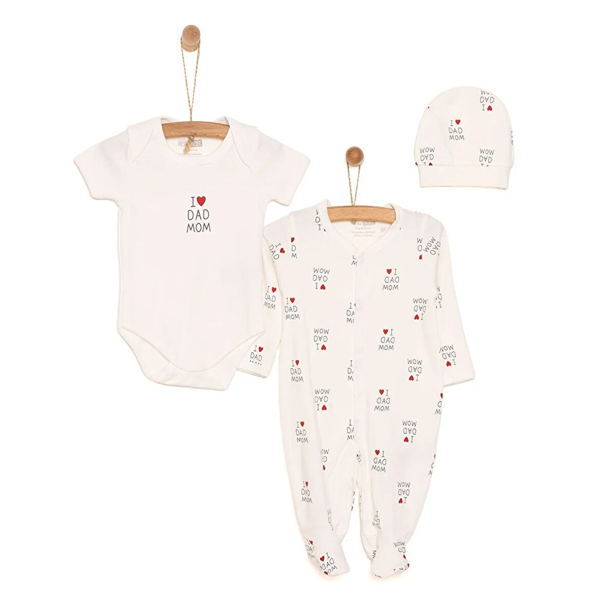 HelloBaby Yenidoğan Baby Mom&Dad Kendinden Eldivenli Tulum-Body-Şapka 3lü Set Unisex