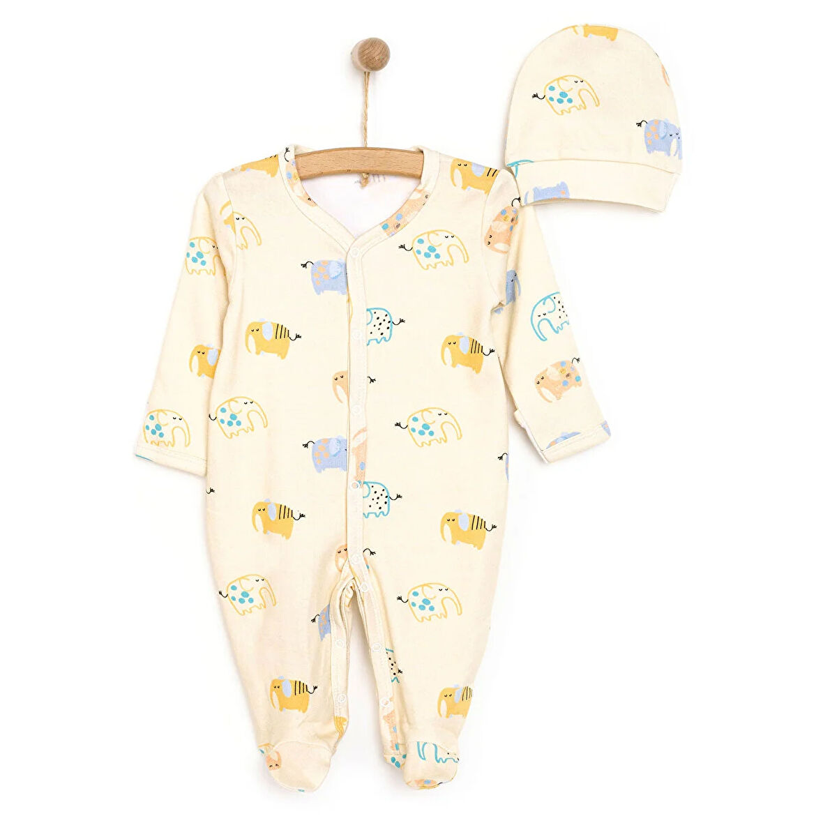 HelloBaby Yenidoğan Fil Baskılı Erkek Tulum-Şapka Erkek Bebek