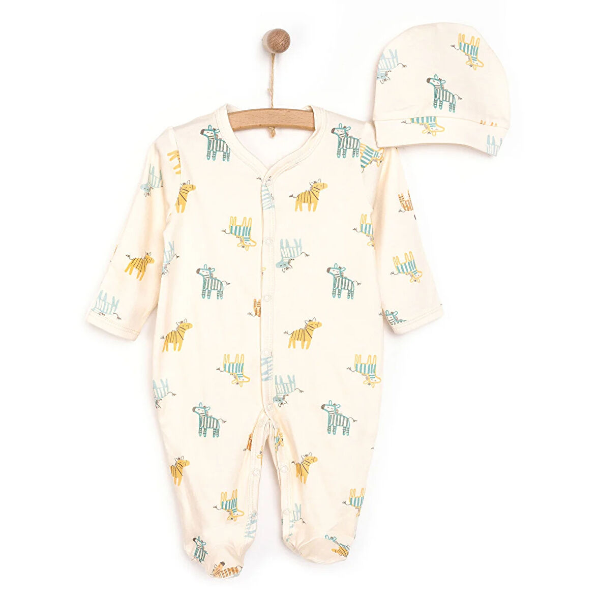 HelloBaby Yenidoğan Zebra Baskılı Erkek Tulum-Şapka Erkek Bebek