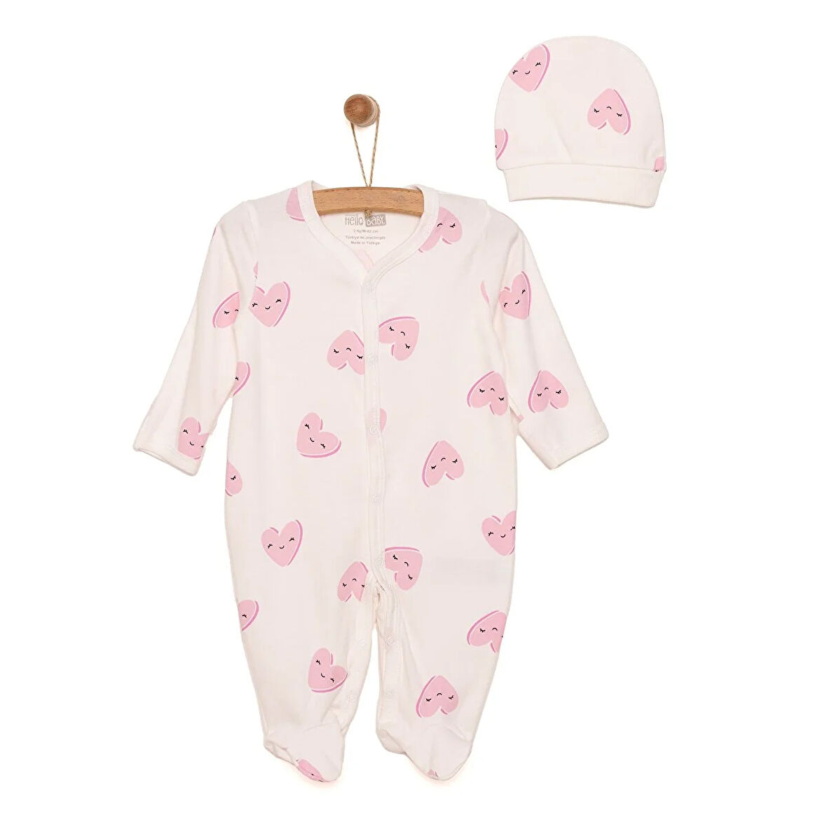 HelloBaby Yenidoğan Kalp Baskılı Kız Tulum-Şapka Kız Bebek