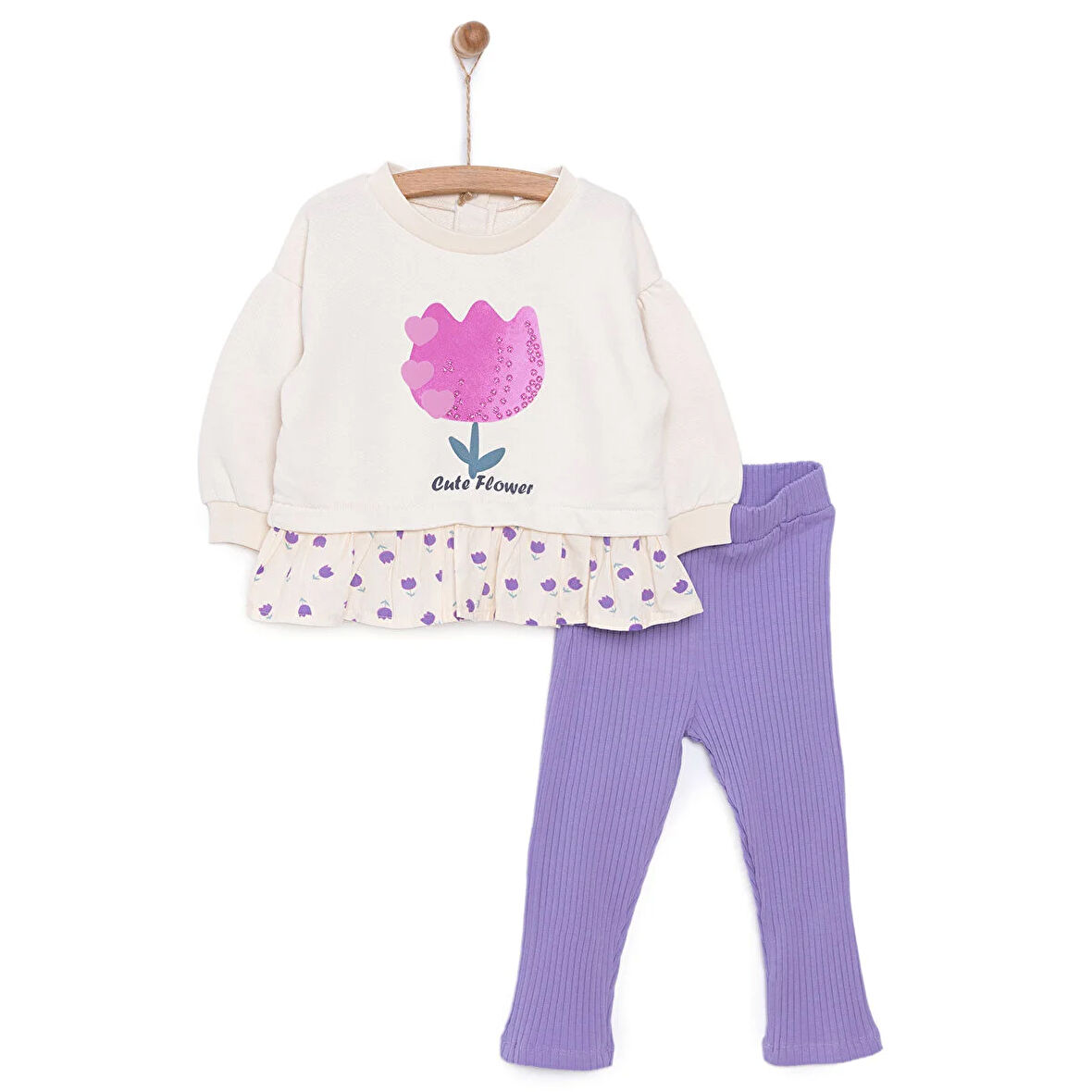 HelloBaby Kız Bebek Sweatshirt -Tayt 2li Takım Tulip Modelli Yaka Reçme Paça Uzun Kol Bej