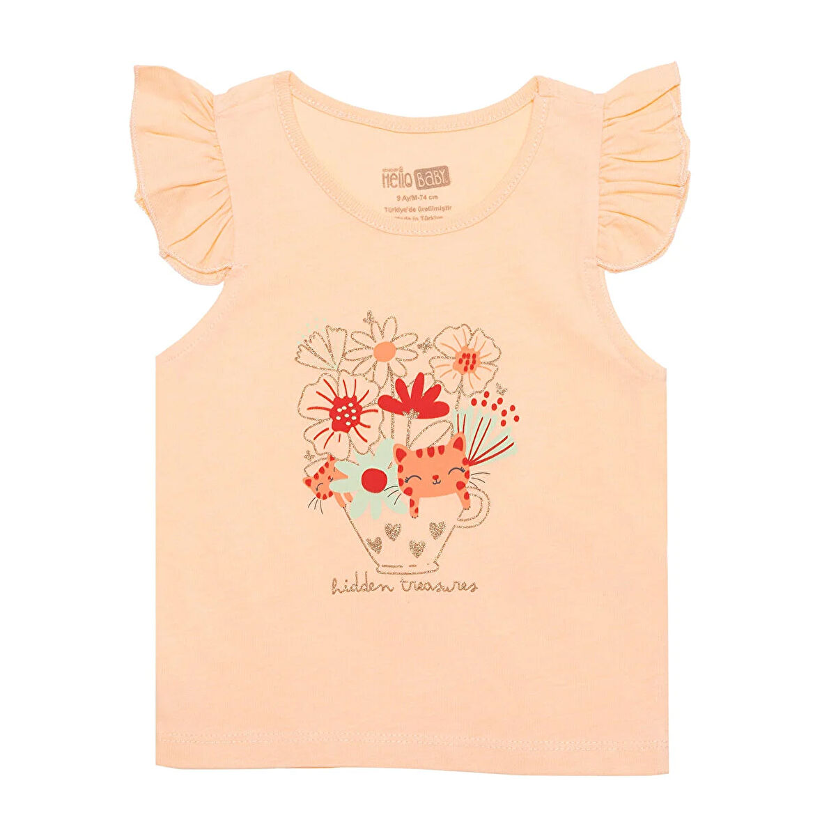 HelloBaby Basic Kız Çiçek ve Kedi Baskılı Atlet T-shirt Kız Bebek