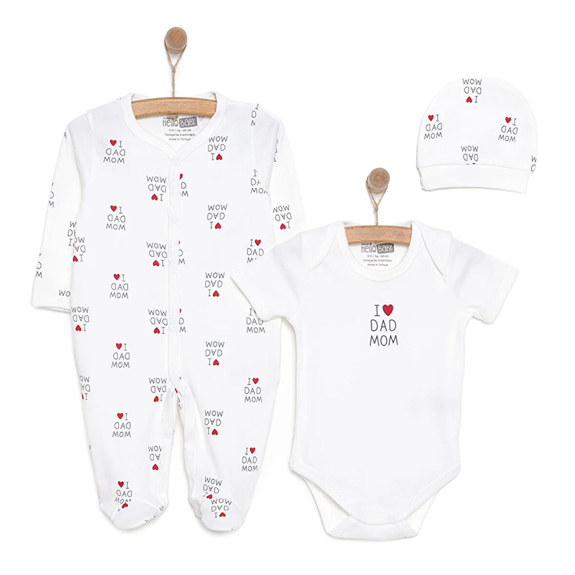 HelloBaby Yenidoğan Unisex Bebek Tulum-Body-Bere 3lü Takım İnterlok Çıtçıtlı Yaka Uzun Kol Ekru