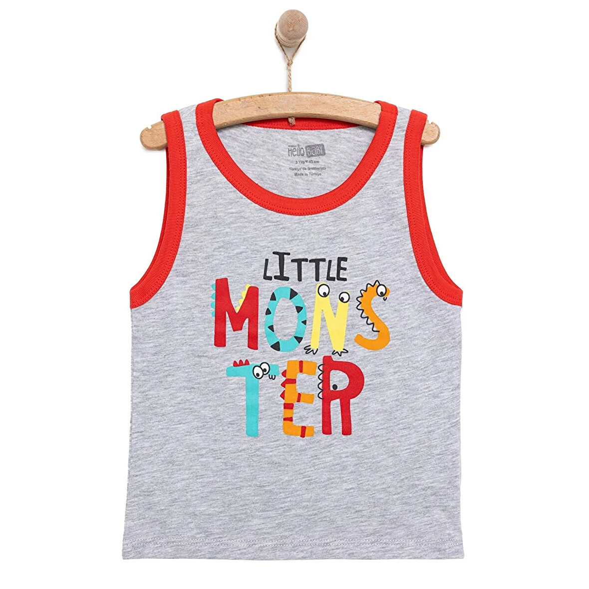 HelloBaby Erkek Bebek Basic Tişört Canavar Desenli Bisiklet Yaka Atlet Kol Gri Melanj