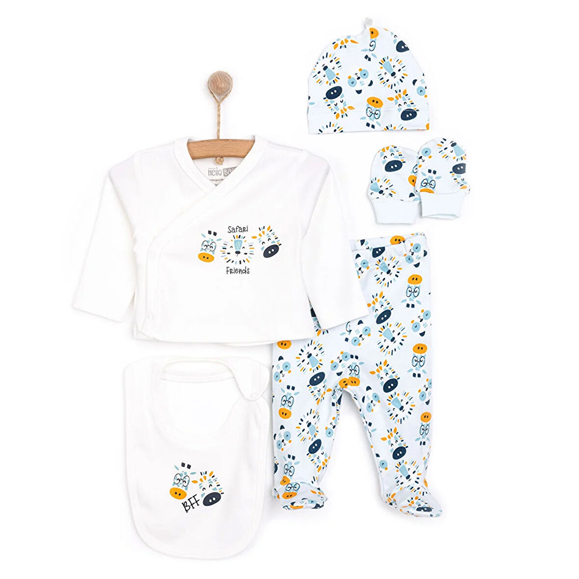 HelloBaby Yenidoğan Erkek 5li Askı Hastane Çıkışı Çıtçıtlı İnterlok Zarf Yaka Uzun Kol Patikli Ekru