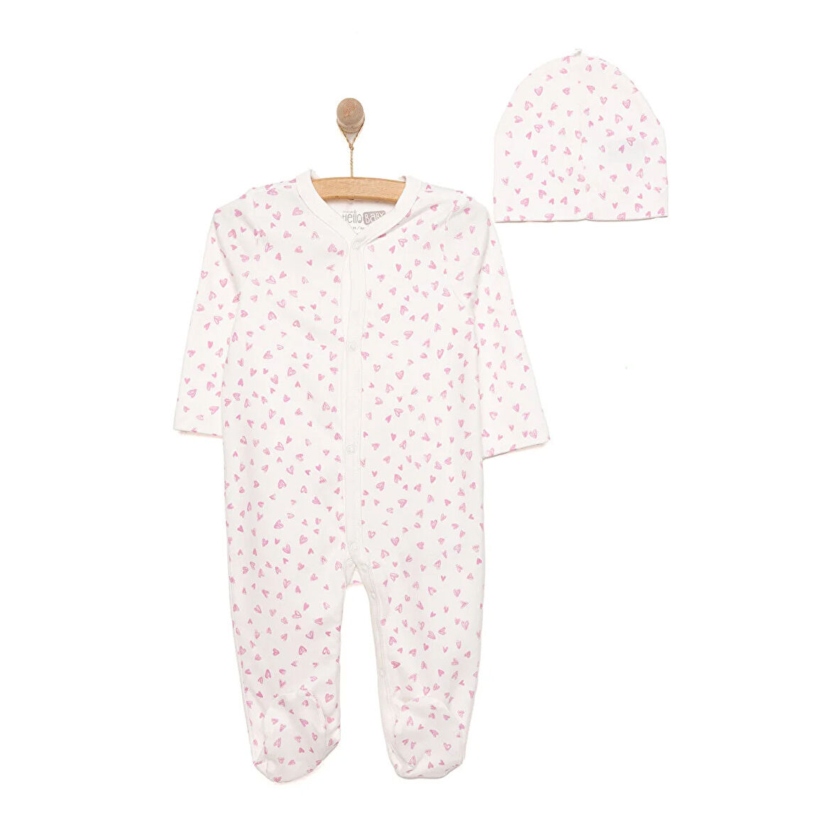 HelloBaby Yenidoğan Kalp Baskılı Kız Tulum-Şapka Kız Bebek