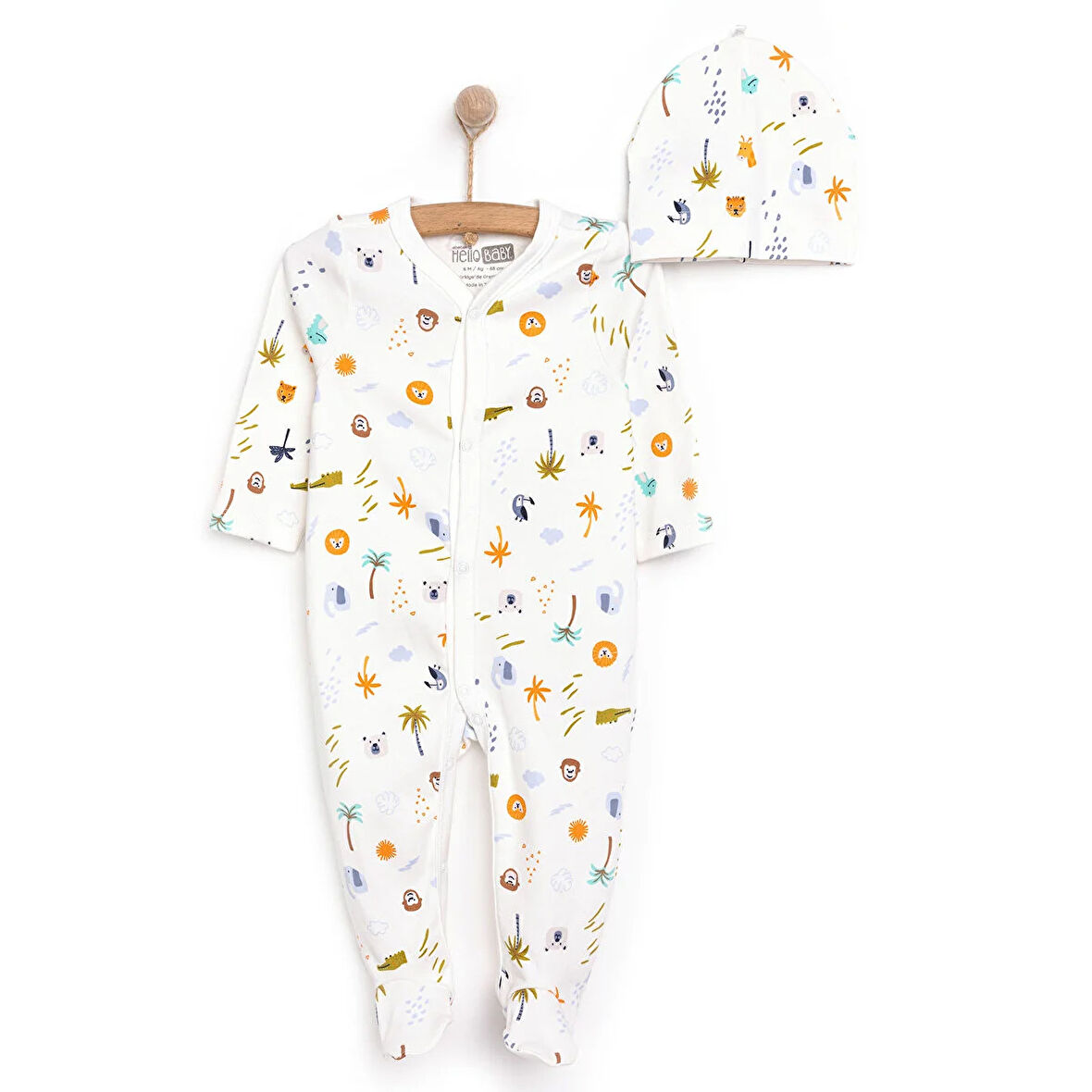 HelloBaby Yenidoğan Hayvanlar Baskılı Erkek Tulum-Şapka Erkek Bebek