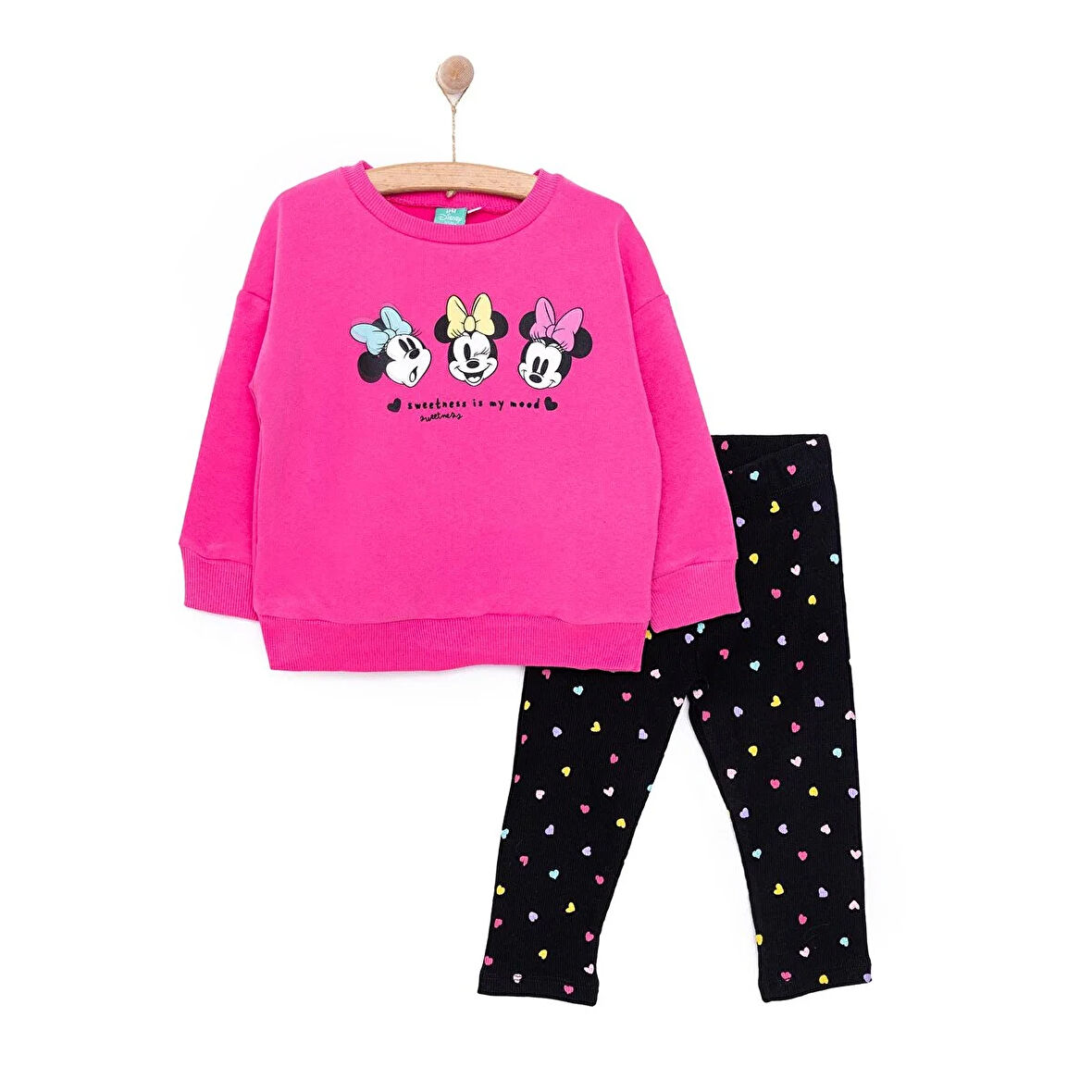 Disney Kız Bebek Eşofman Takımı Minnie Mouse Bisiklet Yaka Reçme Paça Uzun Kol Koyu Pembe