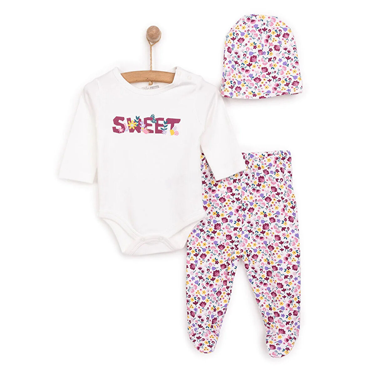 HelloBaby Kalp Baskılı Yenidoğan Kız Body-Patikli Alt-Şapka Kız Bebek