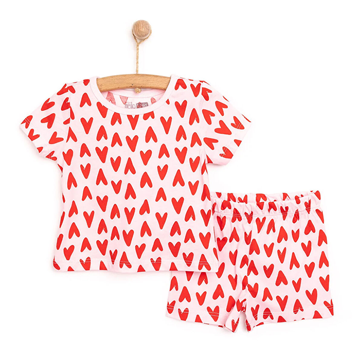 HelloBaby Kısa Kol Kalp Desenli Bisiklet Yaka Pijama Takımı