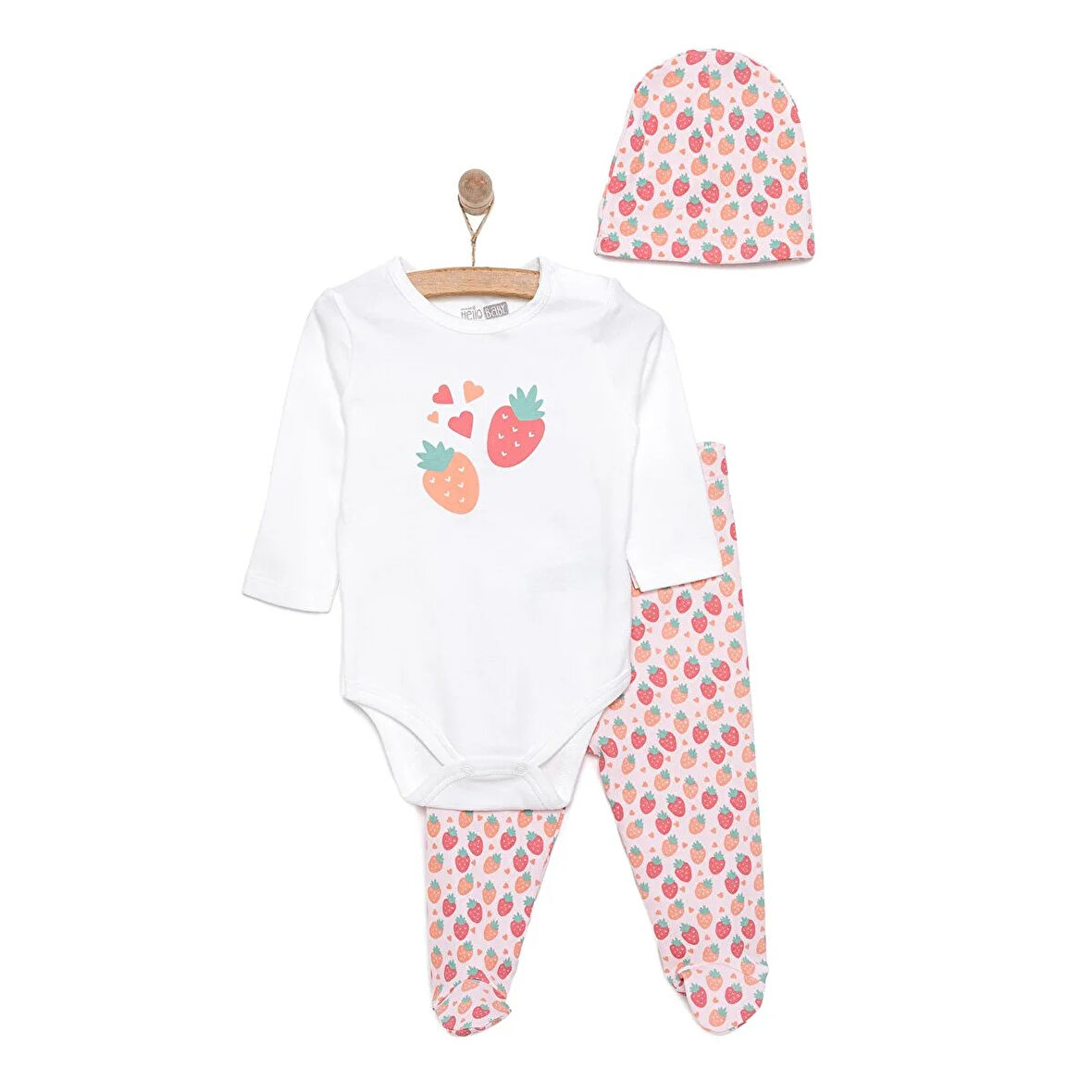 HelloBaby Meyve Baskılı Yenidoğan Kız Body-Patikli Alt-Şapka Kız Bebek