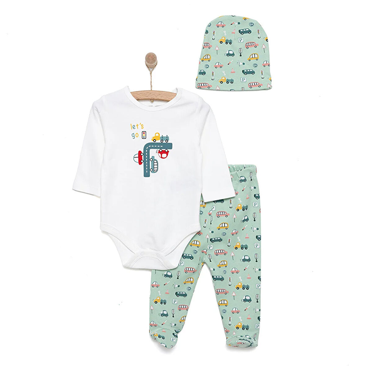 HelloBaby Araba Baskılı Yenidoğan Erkek Body-Patikli Alt-Şapka Erkek Bebek