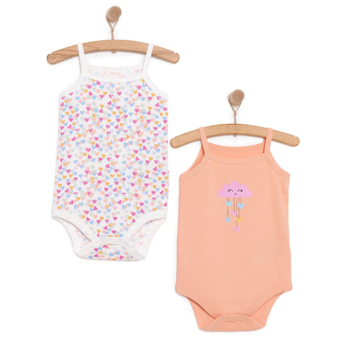 HelloBaby Kalp ve Bulut Desenli 2'li Çıtçıtlı İp Askılı Body Pembe
